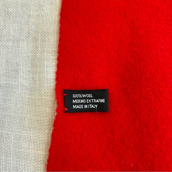 •Moschino Oversized Red Wool Rhinestones Logo Fringed Scarf 68”x14”Made in Italy - Picture 7 of 10